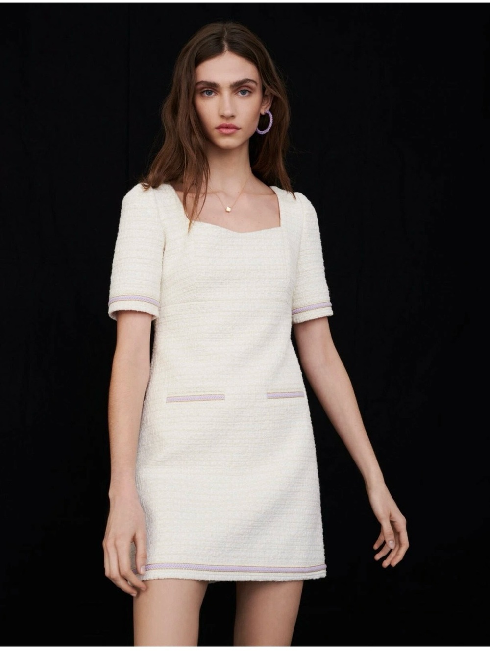 Maje Cream Mini Shift Dress with Lilac Trim, size 2/M